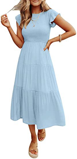 Flutter Sleeve Smocked Tiered Midi Dress - blue