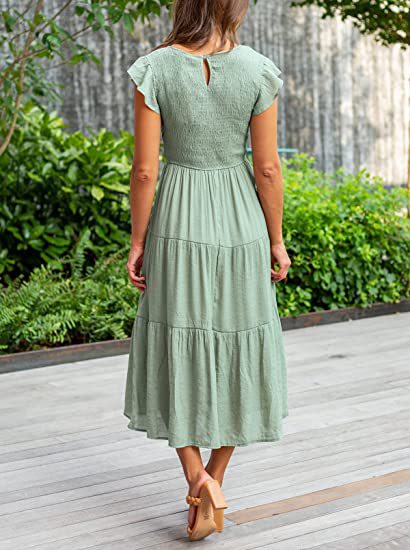 Flutter Sleeve Smocked Tiered Midi Dress