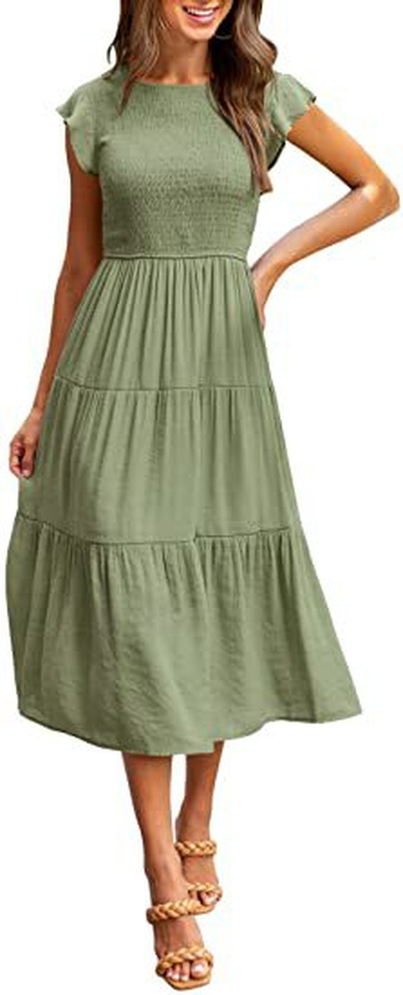 Flutter Sleeve Smocked Tiered Midi Dress - green
