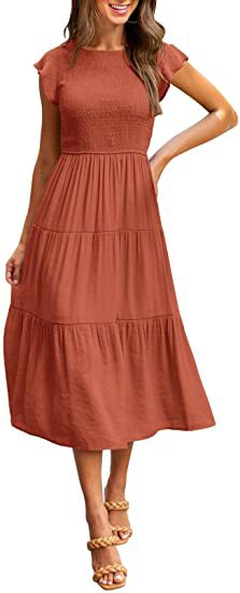 Flutter Sleeve Smocked Tiered Midi Dress - orange