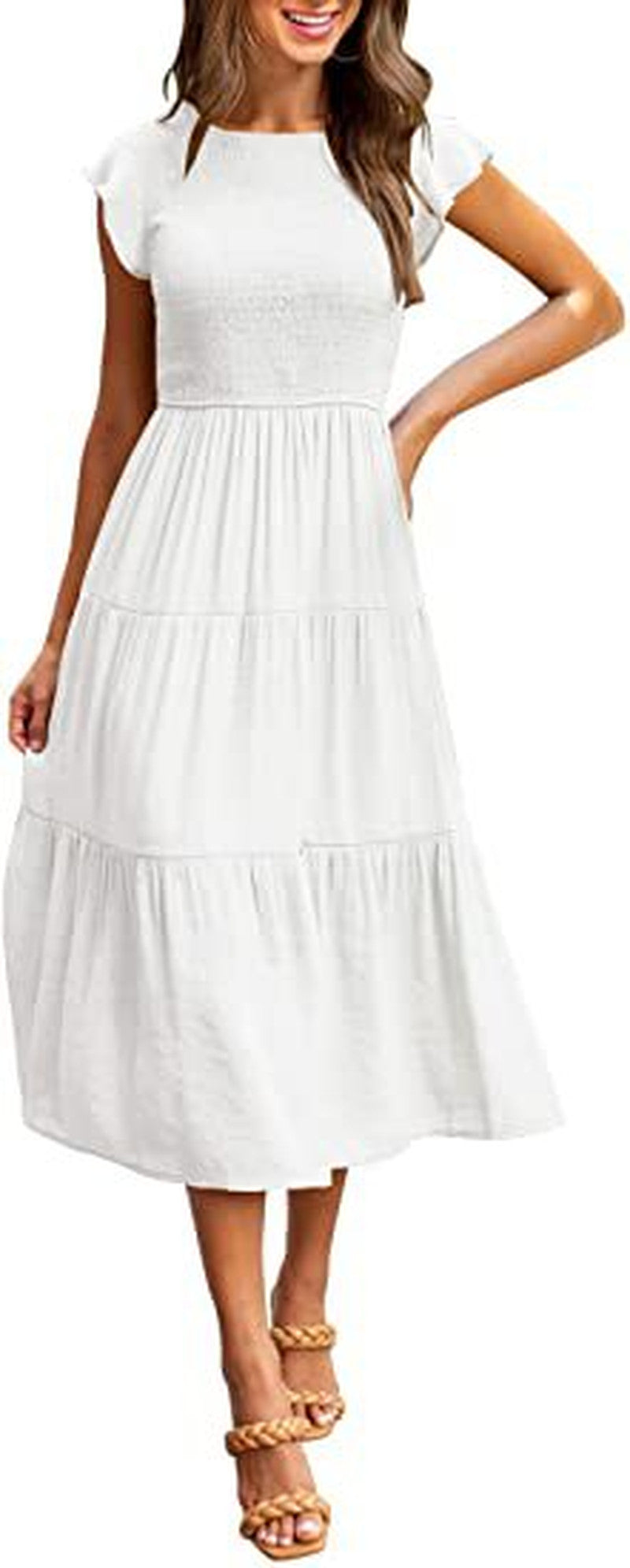 Flutter Sleeve Smocked Tiered Midi Dress - white