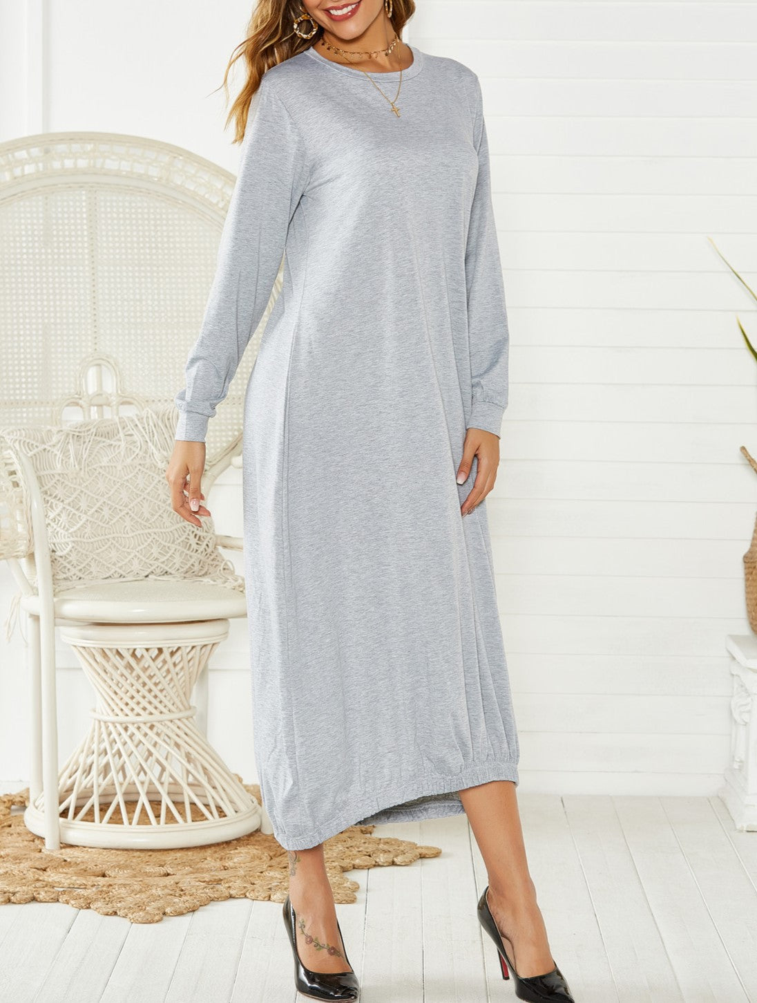 Relaxed Crewneck Long Sleeve Maxi Dress - Grey