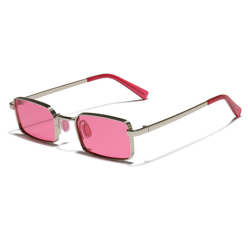 Colored-Lens Rectangle Metal Sunglasses, Retro Look - Red