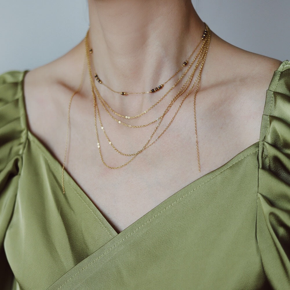 Four Row Layered Fine Chain Necklace - Gold - 4