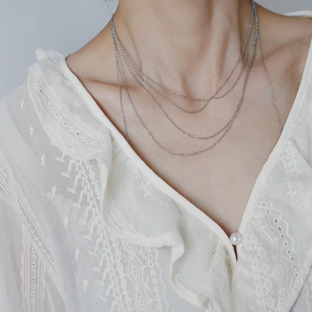 Four Row Layered Fine Chain Necklace - Silvery - 3