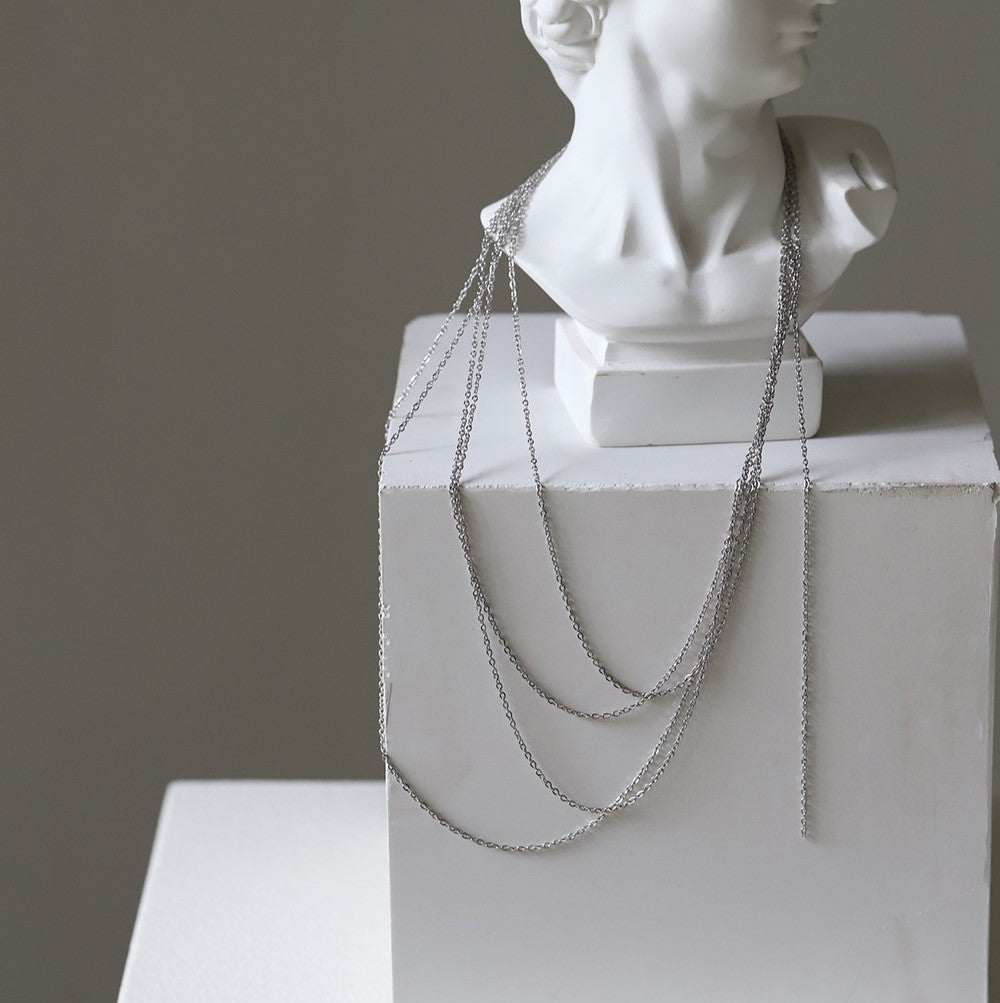 Four Row Layered Fine Chain Necklace - Silvery - 5