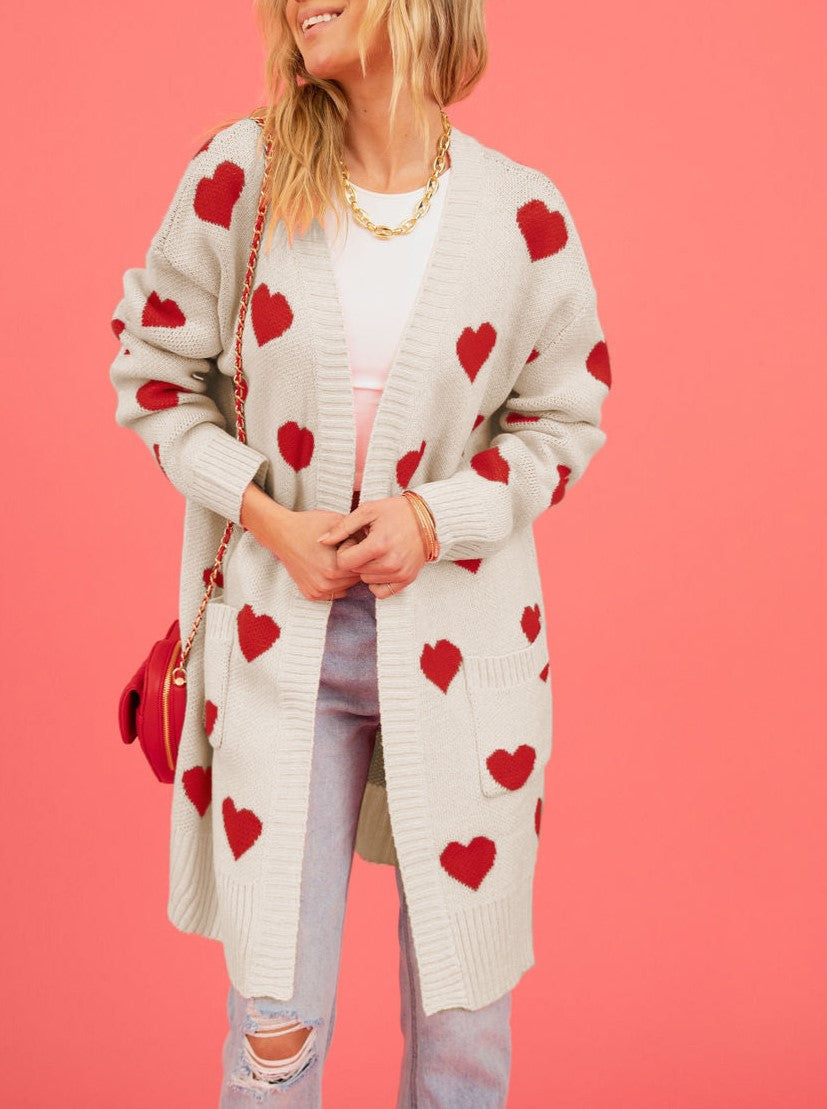 Heart Motif Longline Open Front Cardigan - Apricot