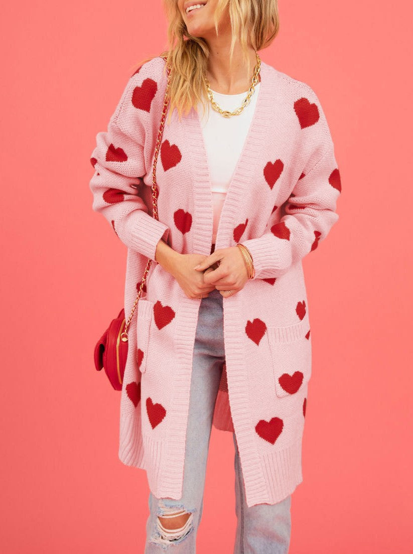 Heart Motif Longline Open Front Cardigan - Pink