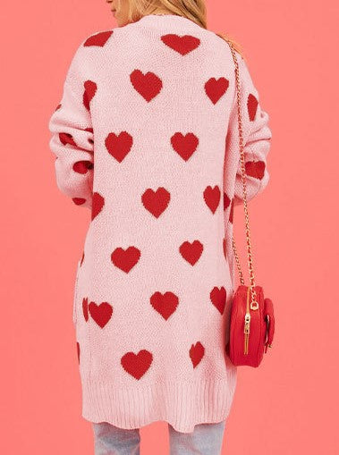 Heart Motif Longline Open Front Cardigan - Pink - 1