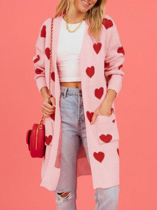 Heart Motif Longline Open Front Cardigan - Pink - 2