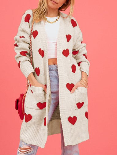 Heart Motif Longline Open Front Cardigan