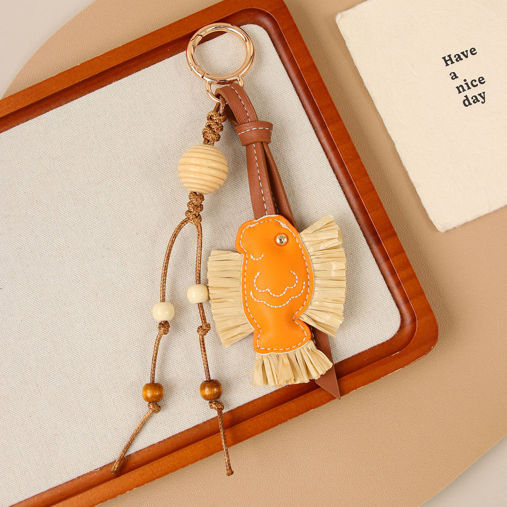Straw Fringe Fish Keychain With Wood Beads - Fish - 1