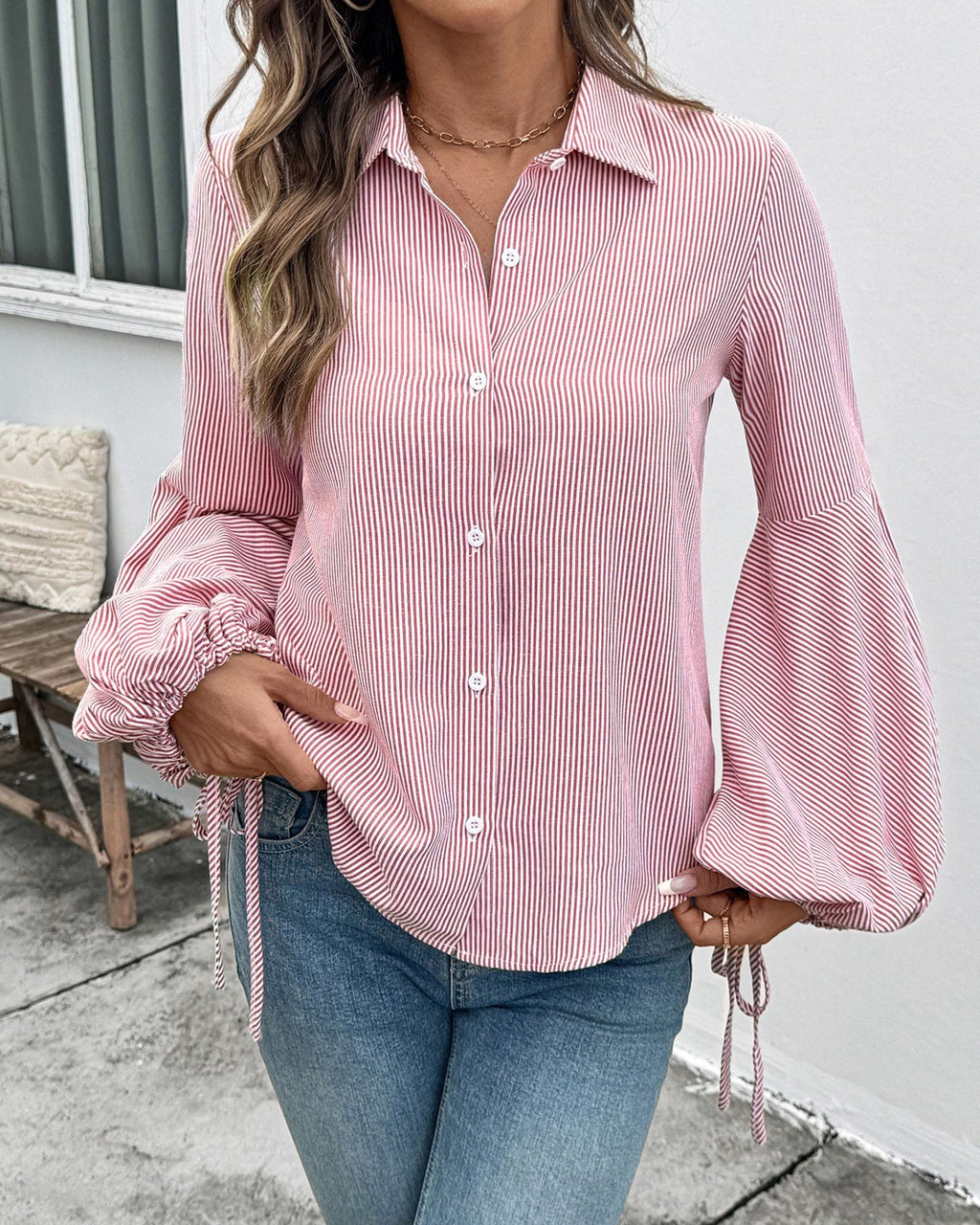 Lantern Sleeve Button Up Shirt with Tie Cuffs - Red - 1