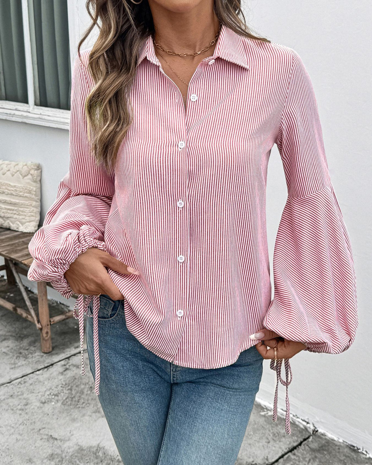 Lantern Sleeve Button Up Shirt with Tie Cuffs - Red - 1