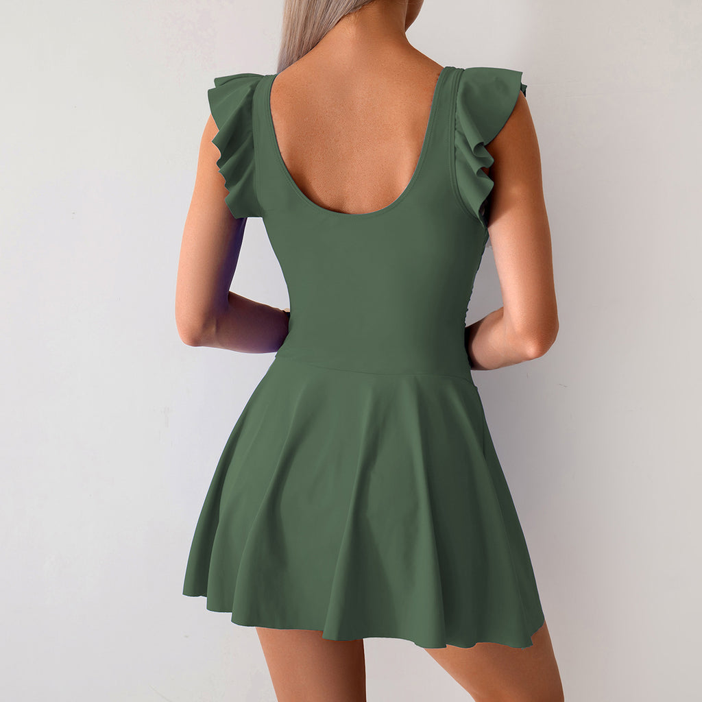 Ruffled Shoulder Skirted One Piece Swimsuit