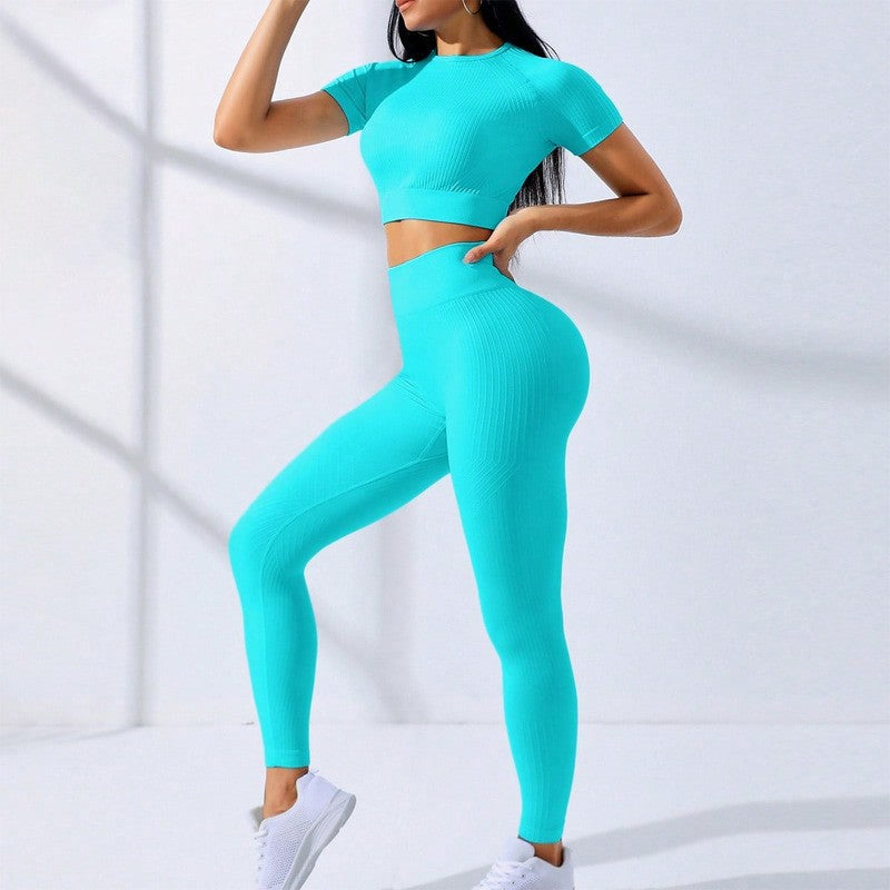 Ribbed Seamless Crop Tee and Leggings Workout Set - Aqua