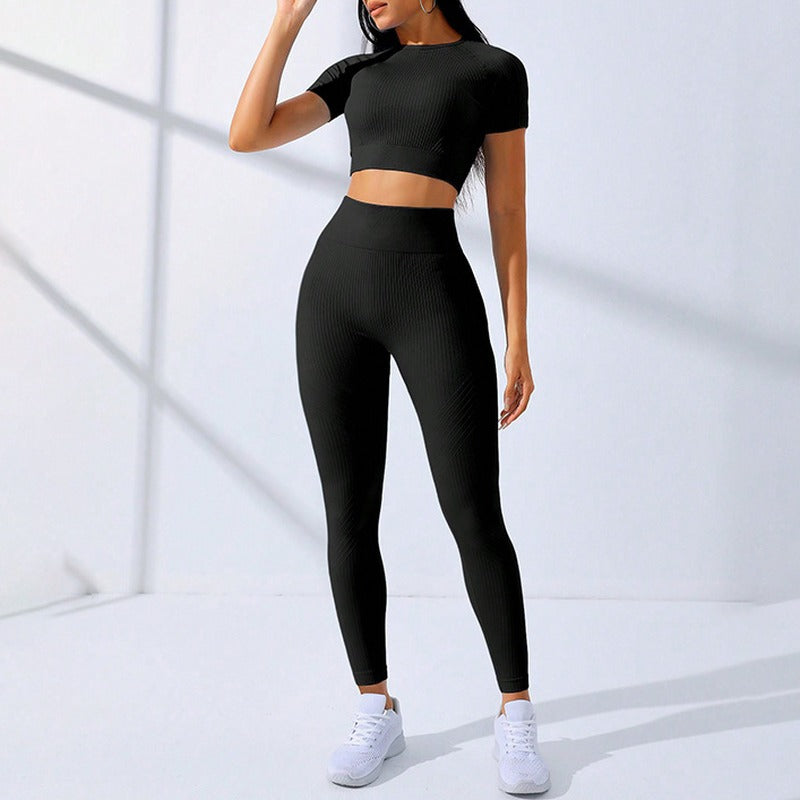 Ribbed Seamless Crop Tee and Leggings Workout Set - Black