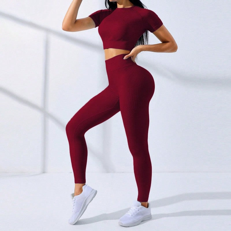 Ribbed Seamless Crop Tee and Leggings Workout Set - Burgundy