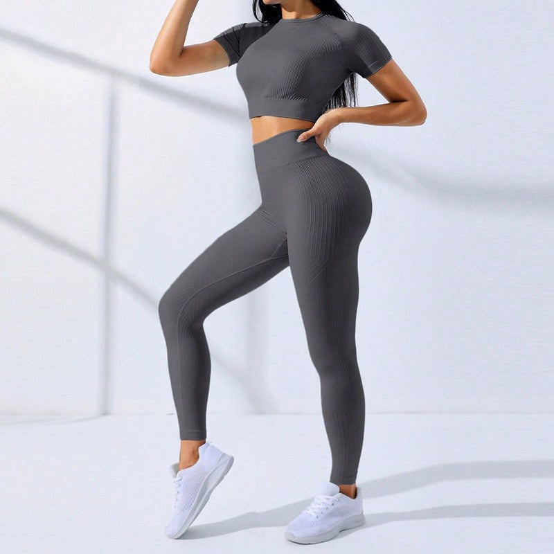 Ribbed Seamless Crop Tee and Leggings Workout Set - Charcoal