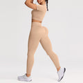 Ribbed Seamless Crop Tee and Leggings Workout Set - Khaki