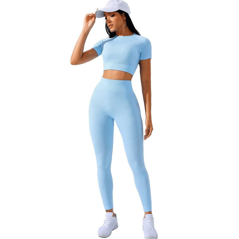 Ribbed Seamless Crop Tee and Leggings Workout Set
