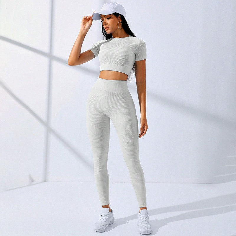 Ribbed Seamless Crop Tee and Leggings Workout Set
