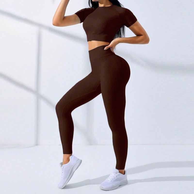 Ribbed Seamless Crop Tee and Leggings Workout Set
