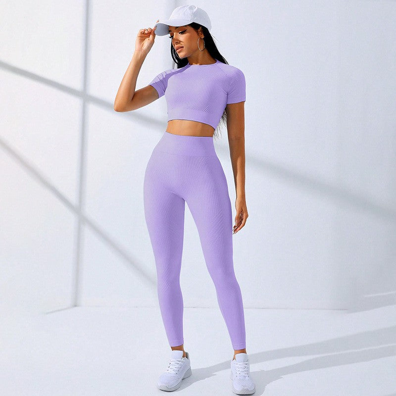 Ribbed Seamless Crop Tee and Leggings Workout Set