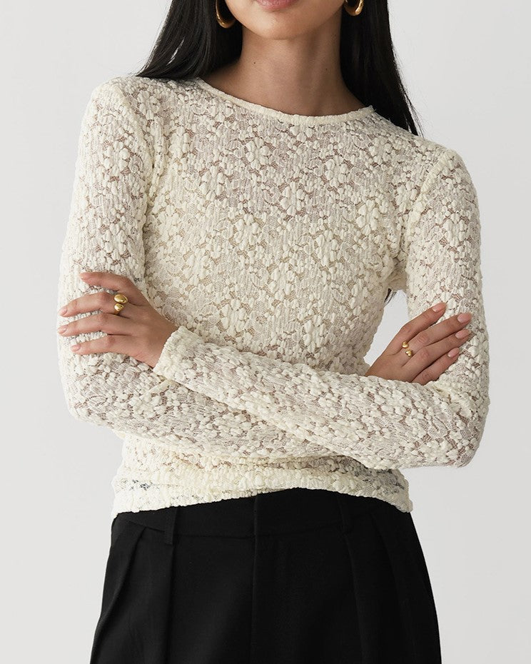 Sheer Floral Lace Flared Sleeve Blouse - Beige_R