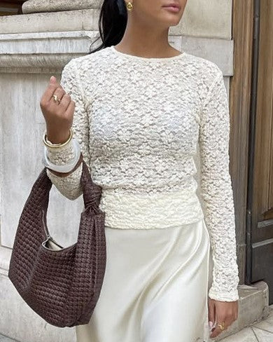Sheer Floral Lace Flared Sleeve Blouse - Beige_R - 1