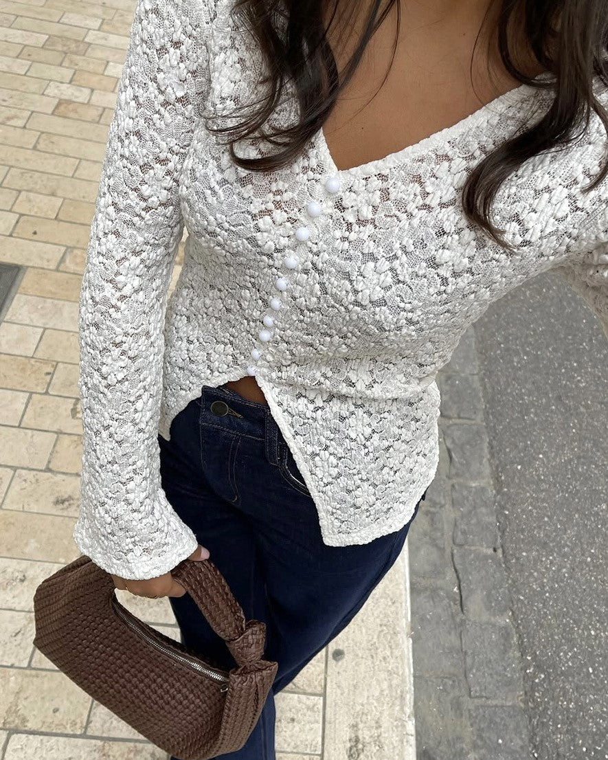 Sheer Floral Lace Flared Sleeve Blouse - Beige_V