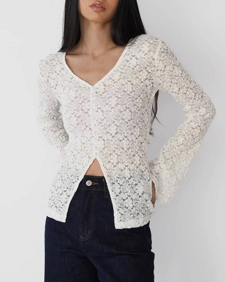 Sheer Floral Lace Flared Sleeve Blouse - Beige_V - 1