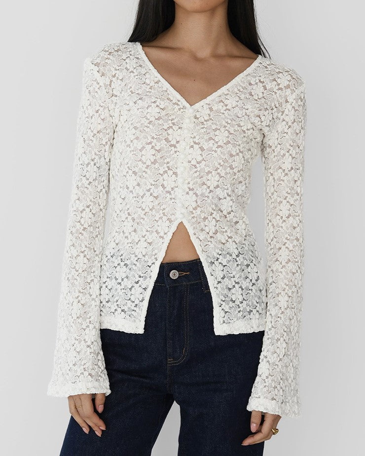 Sheer Floral Lace Flared Sleeve Blouse - Beige_V - 3