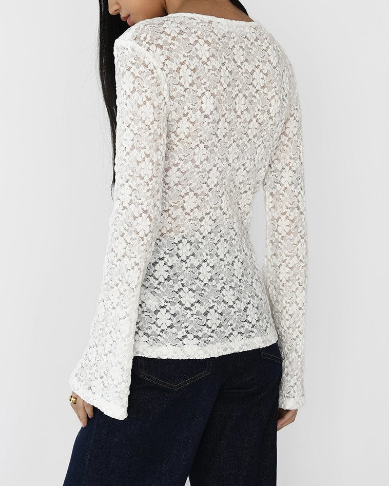 Sheer Floral Lace Flared Sleeve Blouse - Beige_V - 4