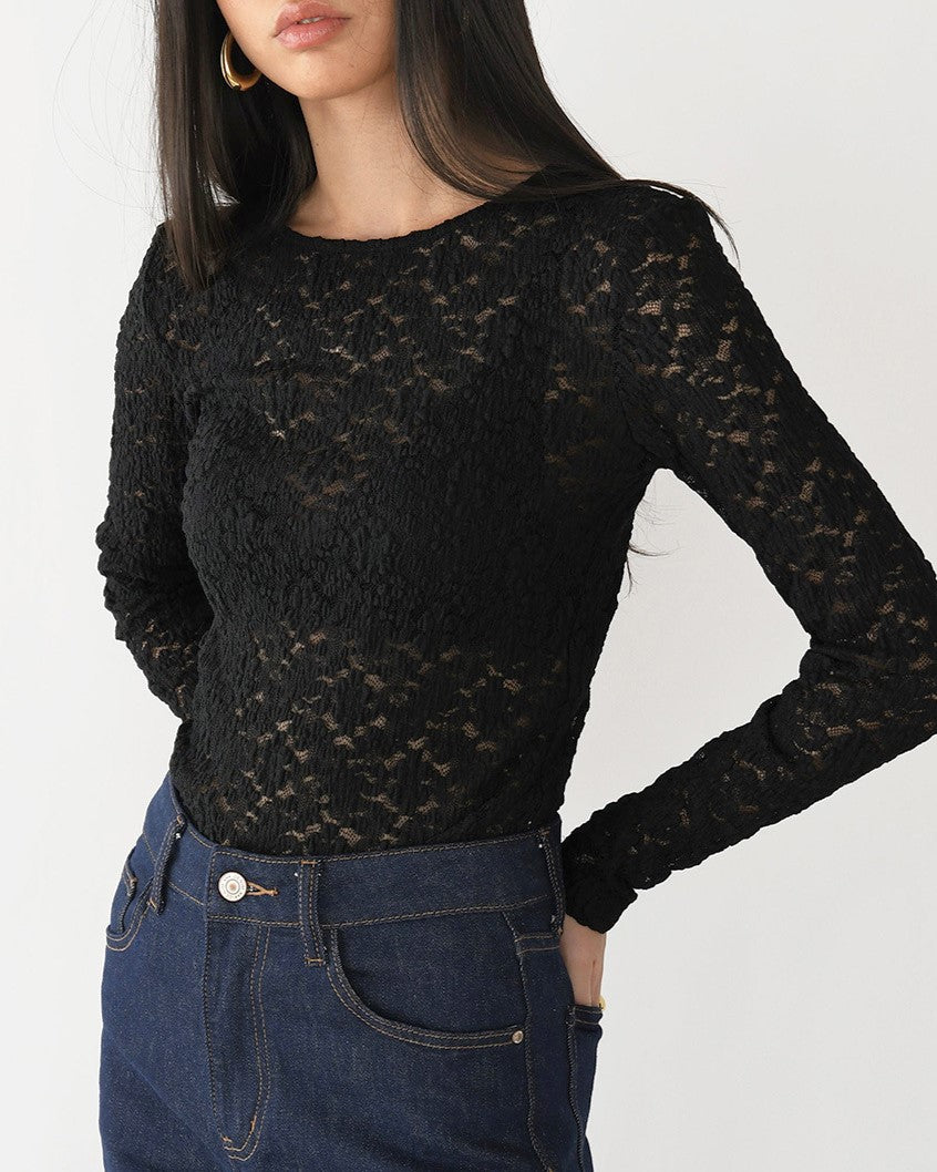 Sheer Floral Lace Flared Sleeve Blouse - Black_R