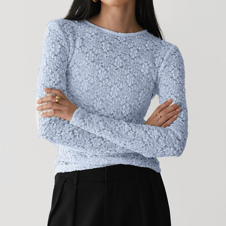 Sheer Floral Lace Flared Sleeve Blouse - Blue_R
