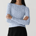 Sheer Floral Lace Flared Sleeve Blouse - Blue_R