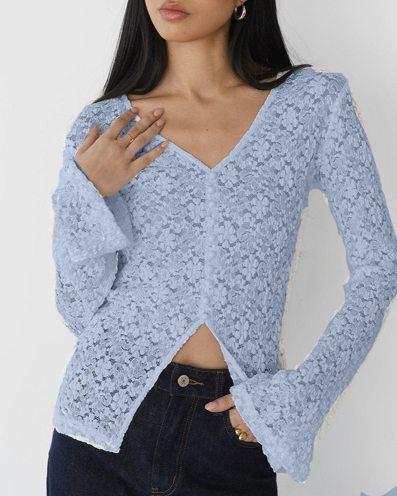 Sheer Floral Lace Flared Sleeve Blouse - Blue_V