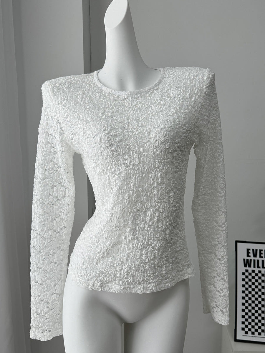 Sheer Floral Lace Flared Sleeve Blouse - White_R