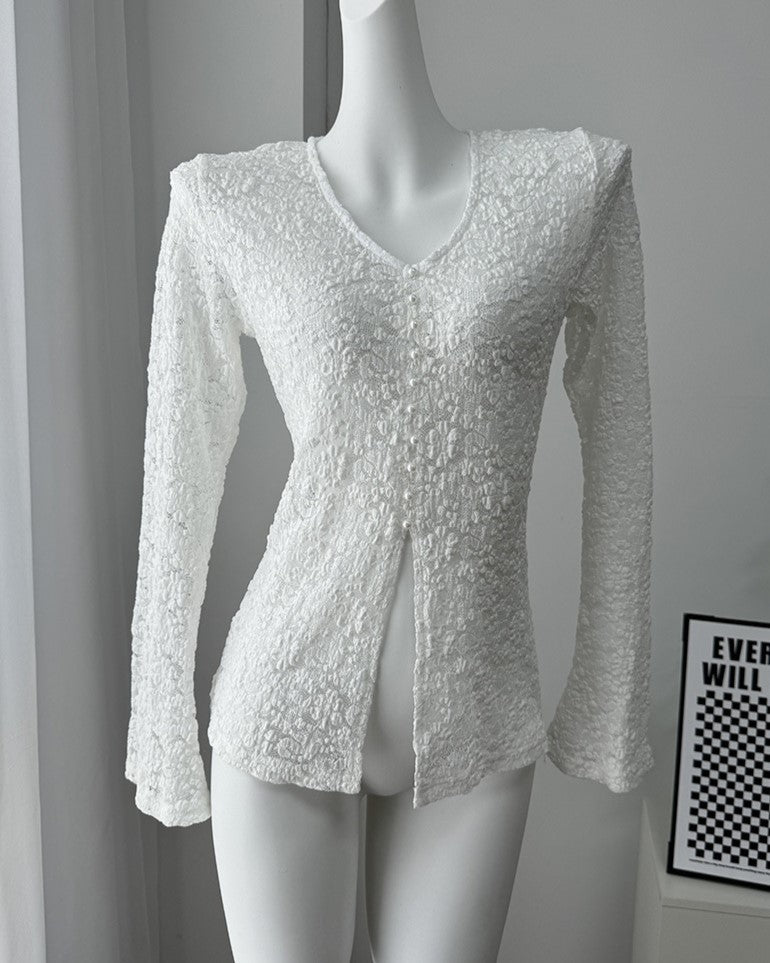 Sheer Floral Lace Flared Sleeve Blouse - White_V