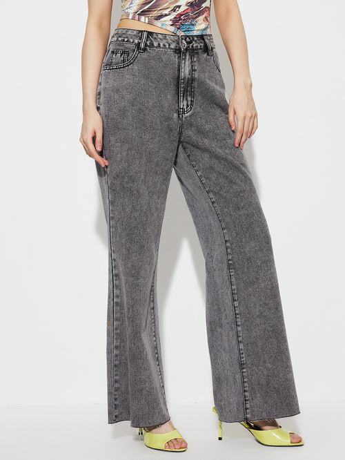 Acid Wash Loose Wide Leg Jeans - Darkgrey - 1