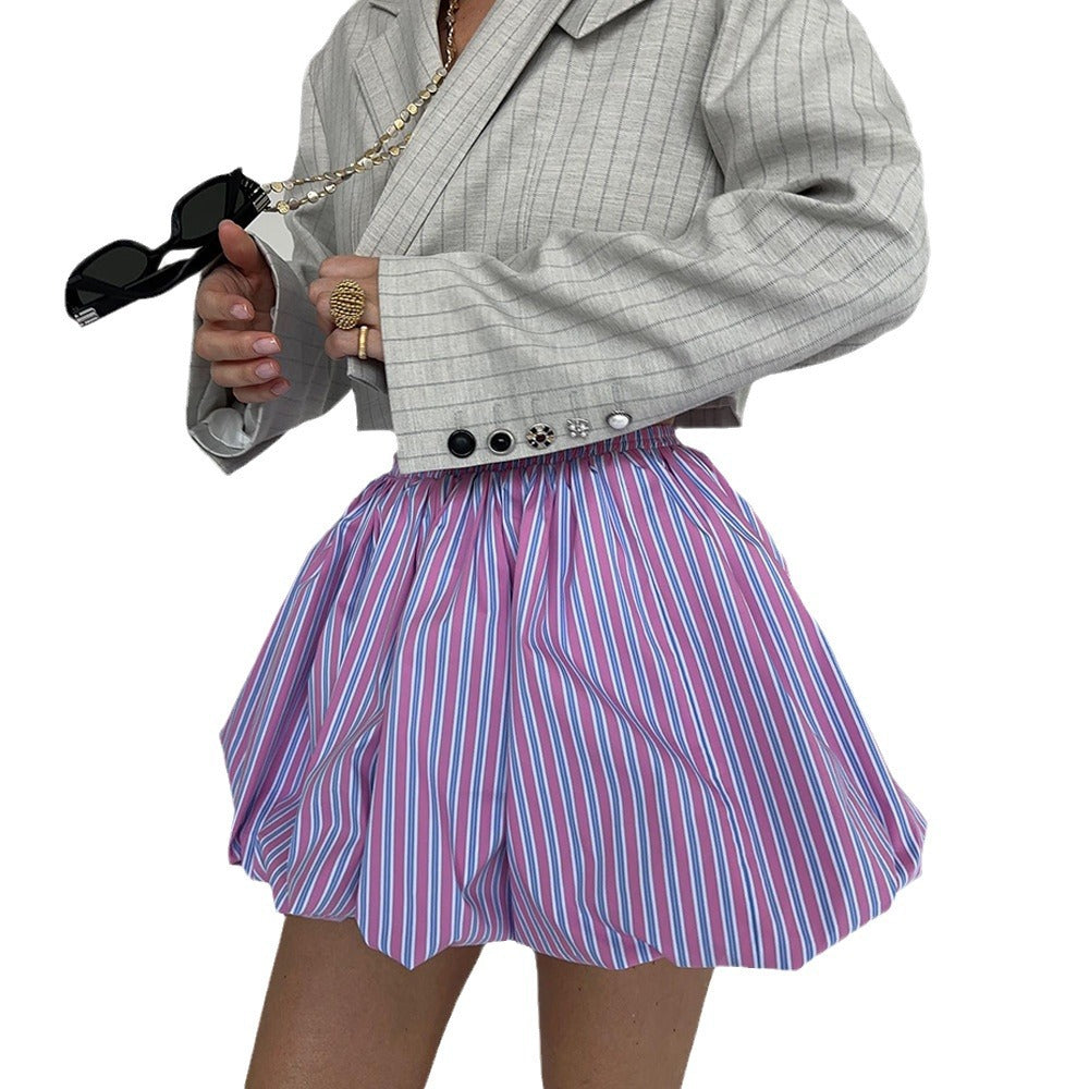 Pinstripe Puffball Bubble Mini Skirt - Pink