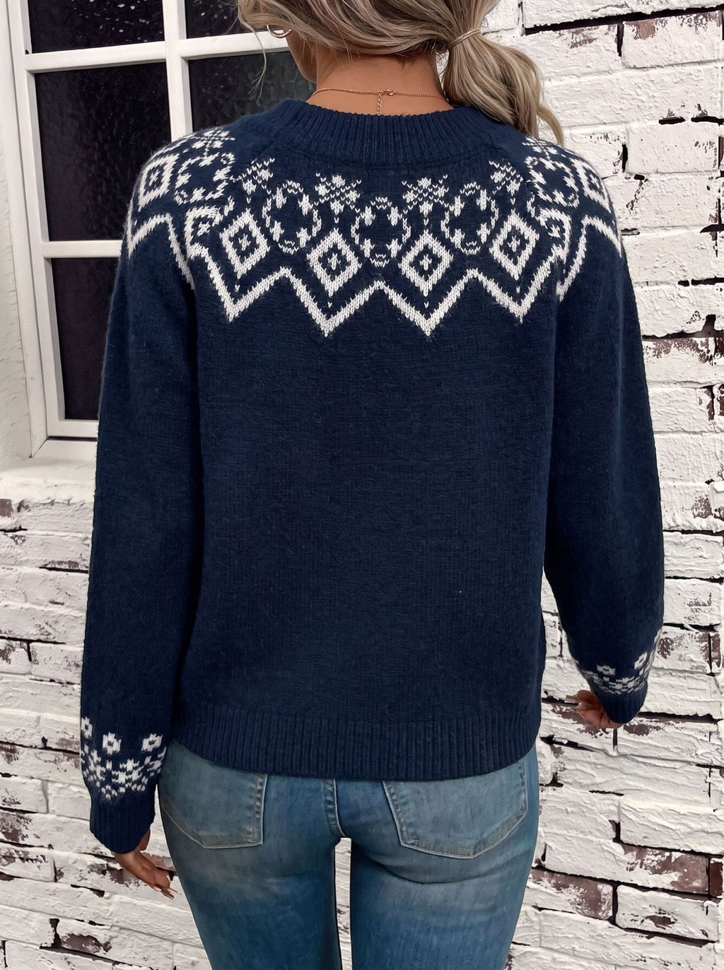 Nordic Snowflake Yoke Knit Pullover - Navy - 3