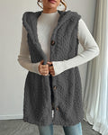 Hooded Textured Plush Longline Button Vest - Gray