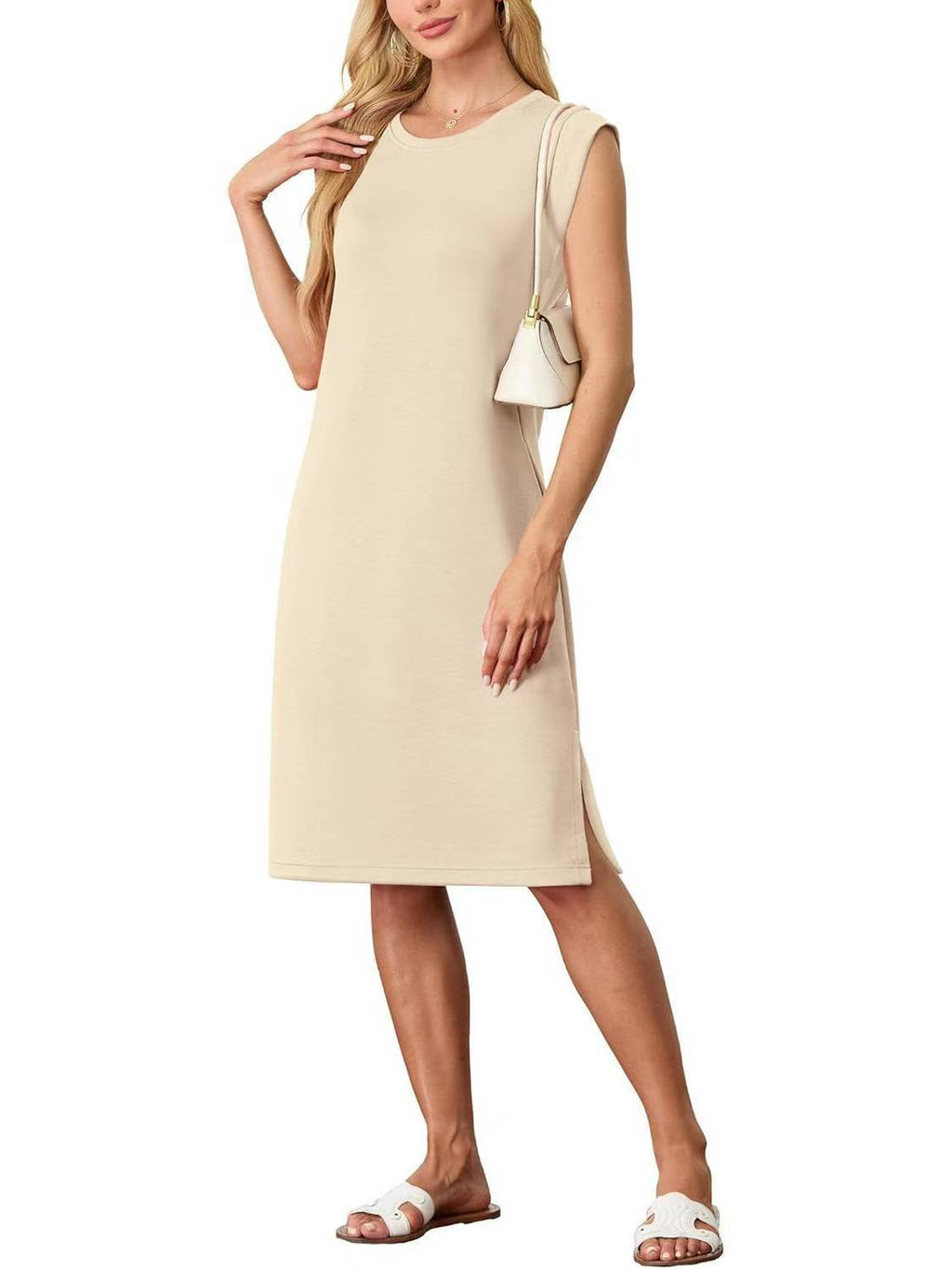 Sleeveless Shift Dress With Side Pockets - Apricot