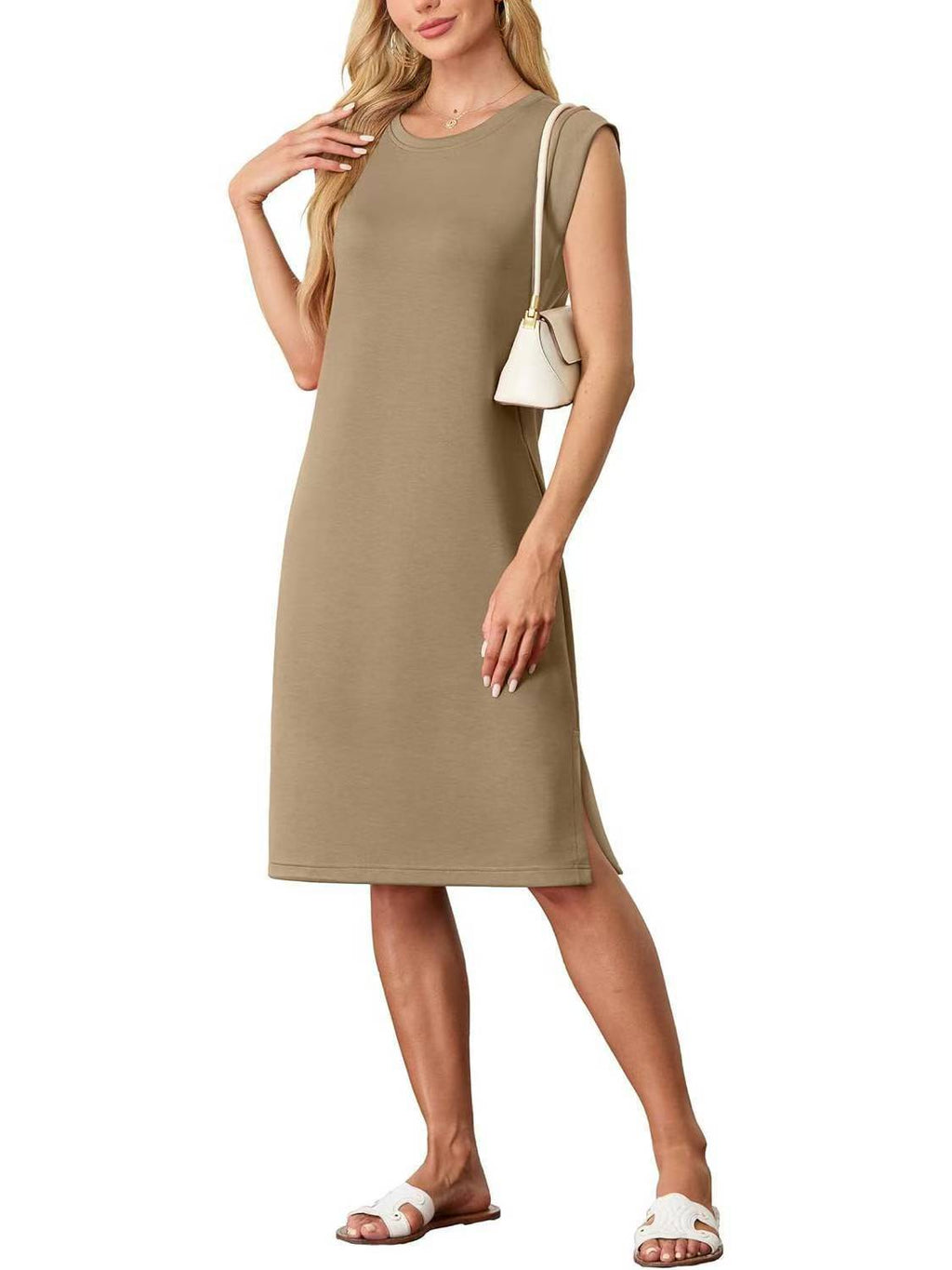 Sleeveless Shift Dress With Side Pockets - Khaki