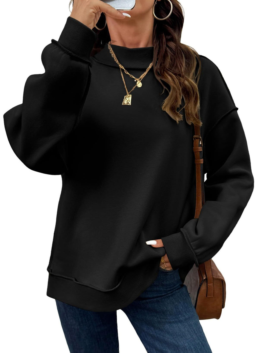 Exposed Seam Mock Neck Sweatshirt - Black