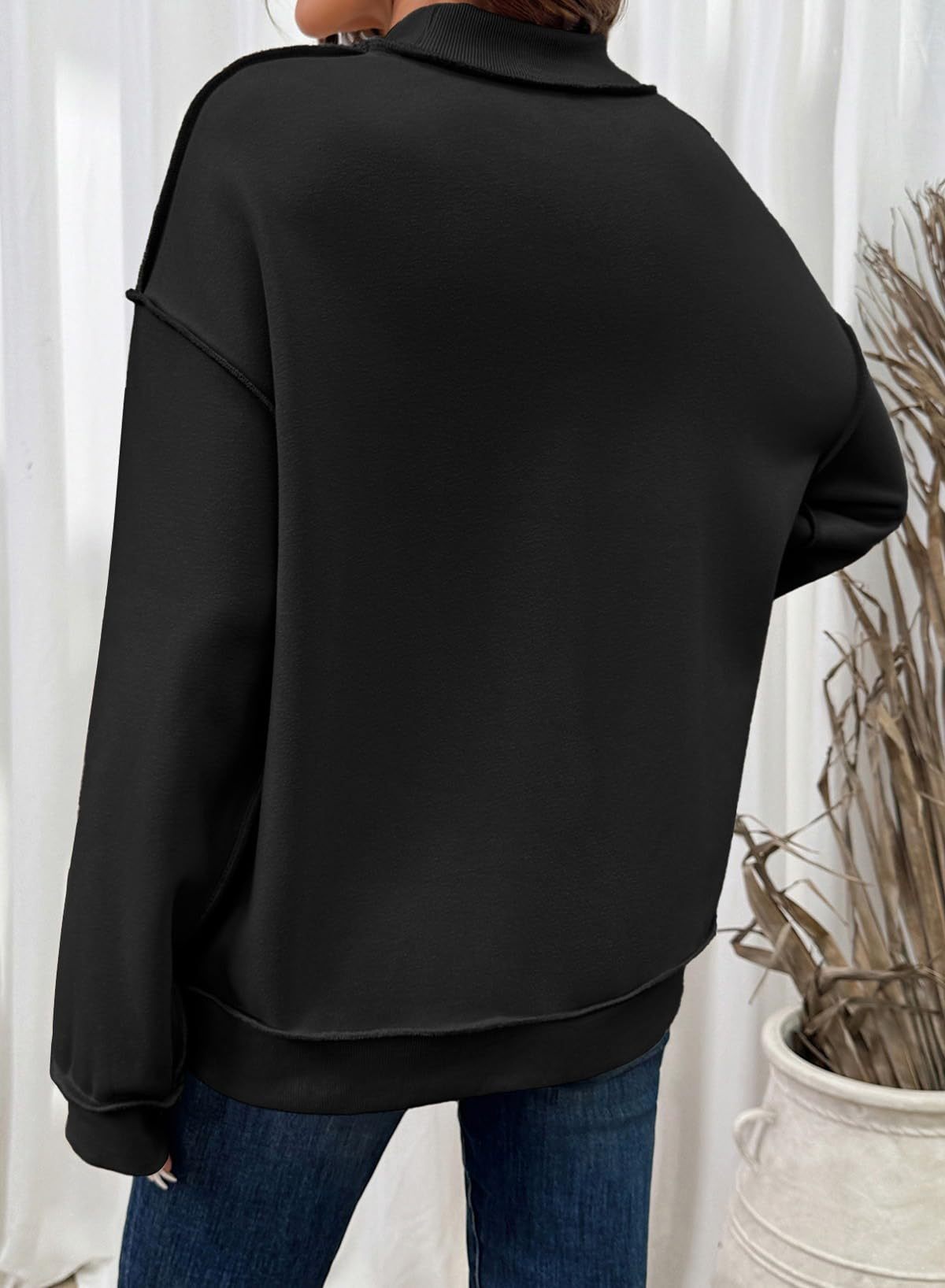 Exposed Seam Mock Neck Sweatshirt - Black - 1
