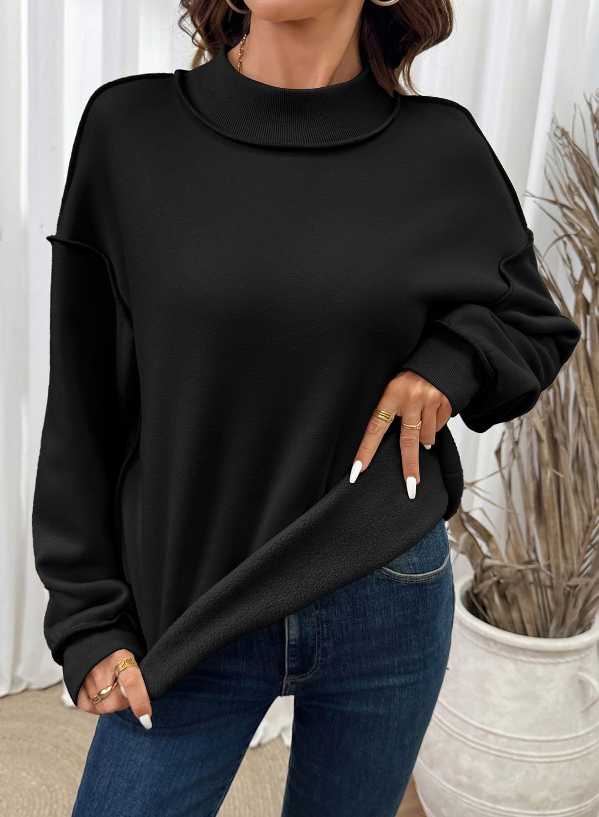 Exposed Seam Mock Neck Sweatshirt - Black - 2