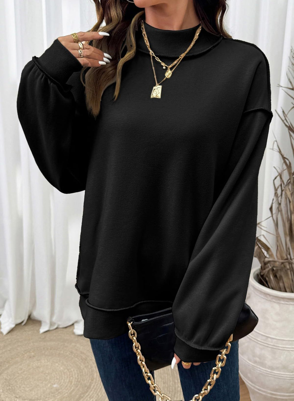 Exposed Seam Mock Neck Sweatshirt - Black - 3